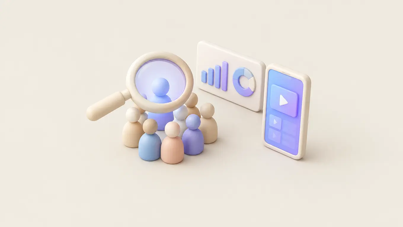 Illustration: a magnifying glass over a small crowd of figures beside a dashboard card with a bar chart and a donut chart