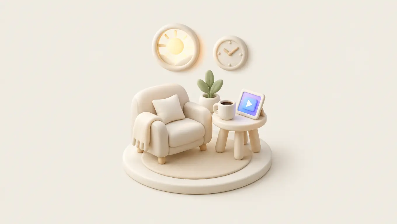 Illustration: a cozy corner with an armchair, a coffee mug and a tablet playing a video, a morning sun and a clock on the wall