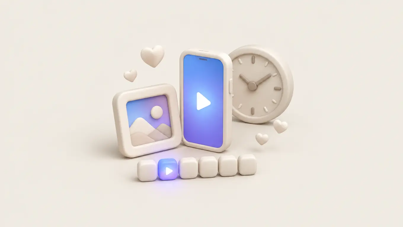 Illustration: a photo frame and a phone playing a vertical video beside a clock, with one weekday tile lit and hearts floating up