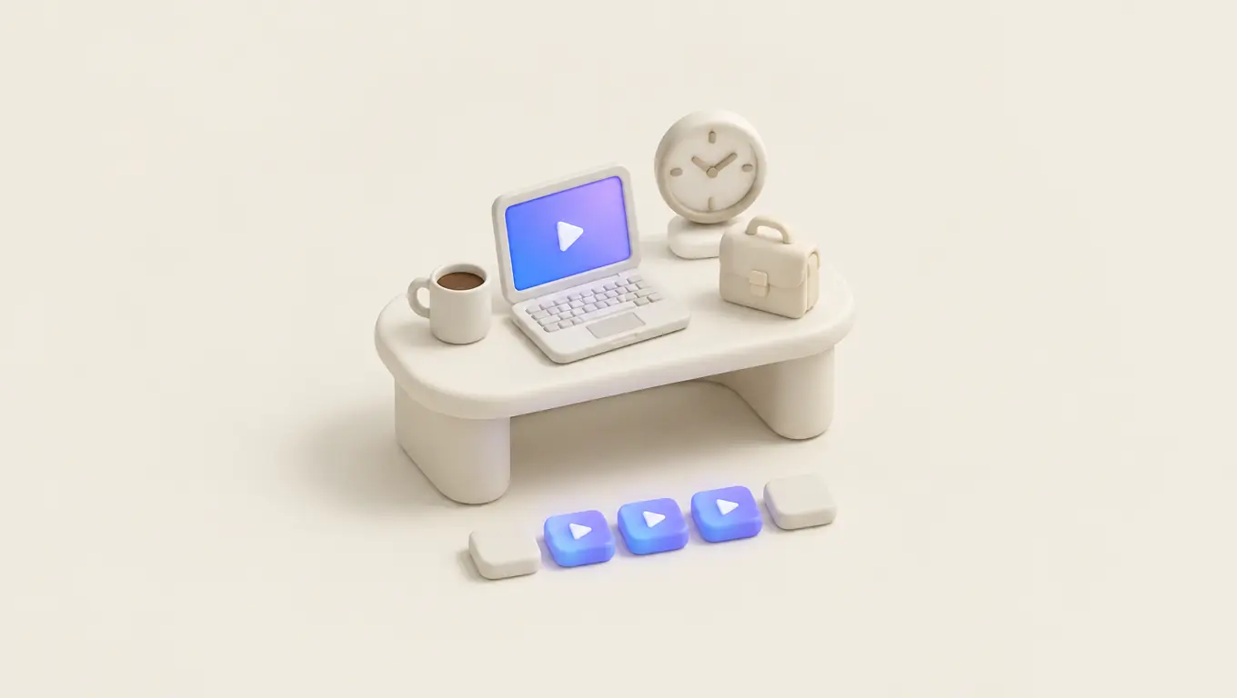Illustration: a desk with a laptop playing a video, a coffee cup, a briefcase and a clock, with three weekday tiles lit