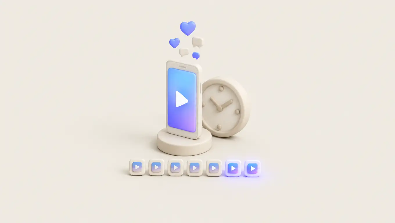 Illustration: a phone playing a short vertical video beside a clock, with the weekend days lit on a weekly timeline
