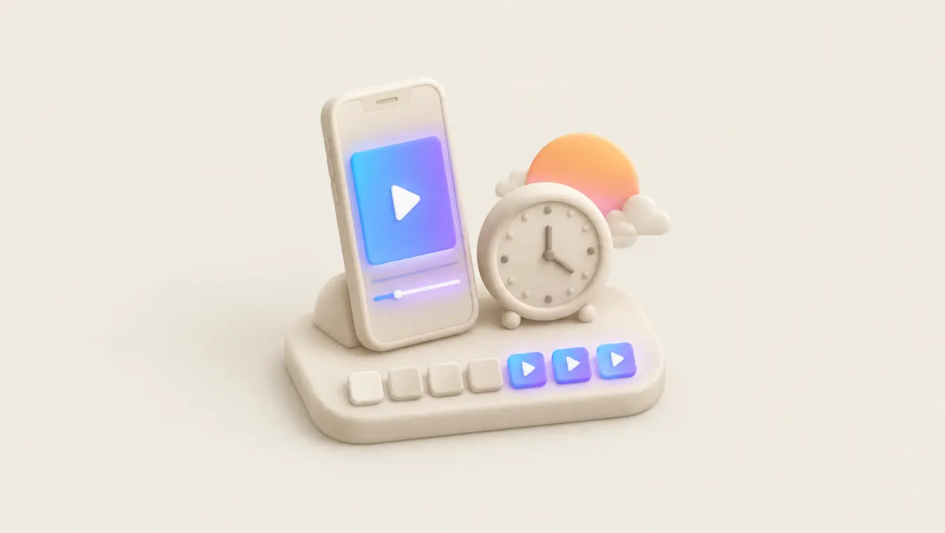 Illustration: a vertical phone playing a short video next to an alarm clock and an evening sun, with the last three day tiles lit
