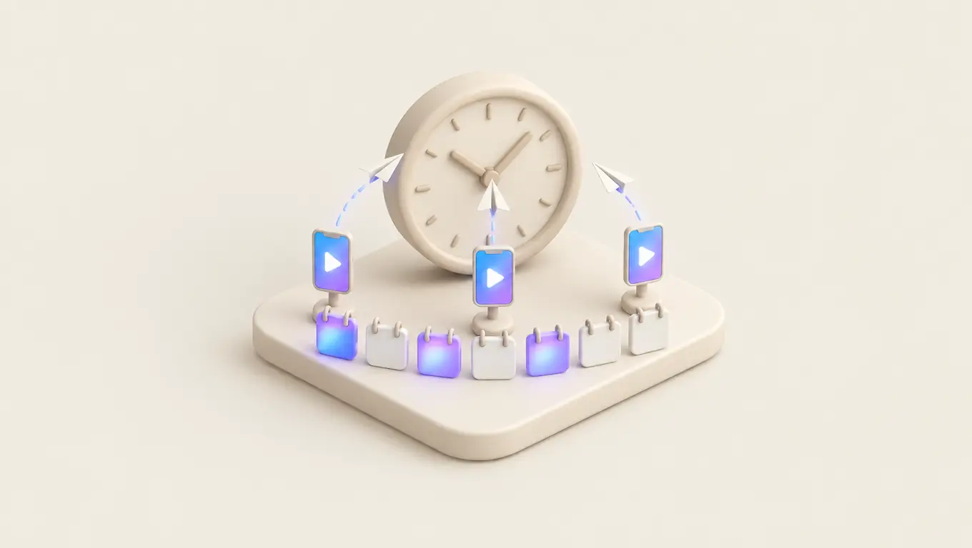 Illustration: a clock above a week of calendar days, with three phones sending short videos out at the busiest times