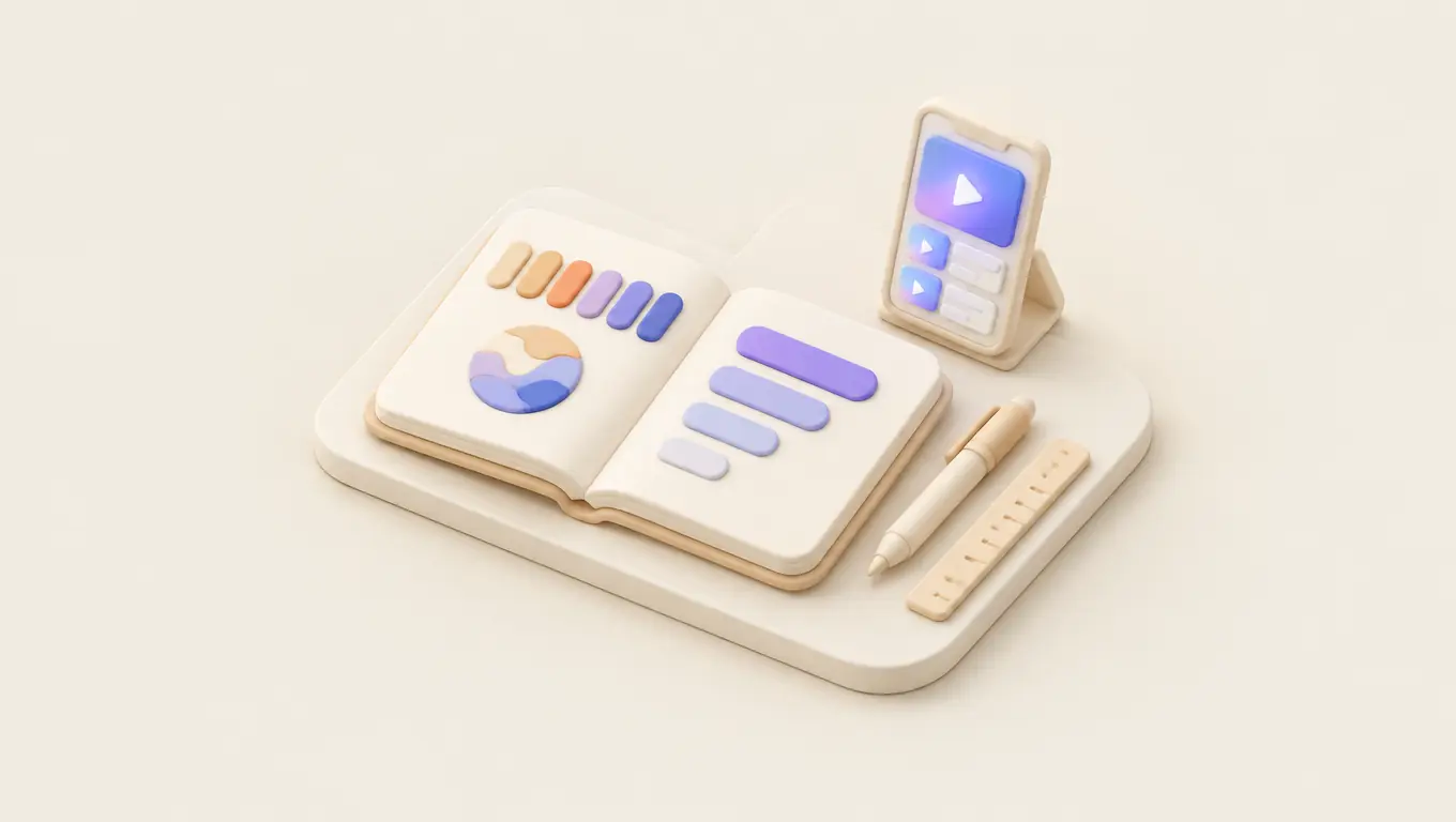Illustration: an open brand book with colour swatches, a logo mark and type styles, next to a phone showing a post in the same colours