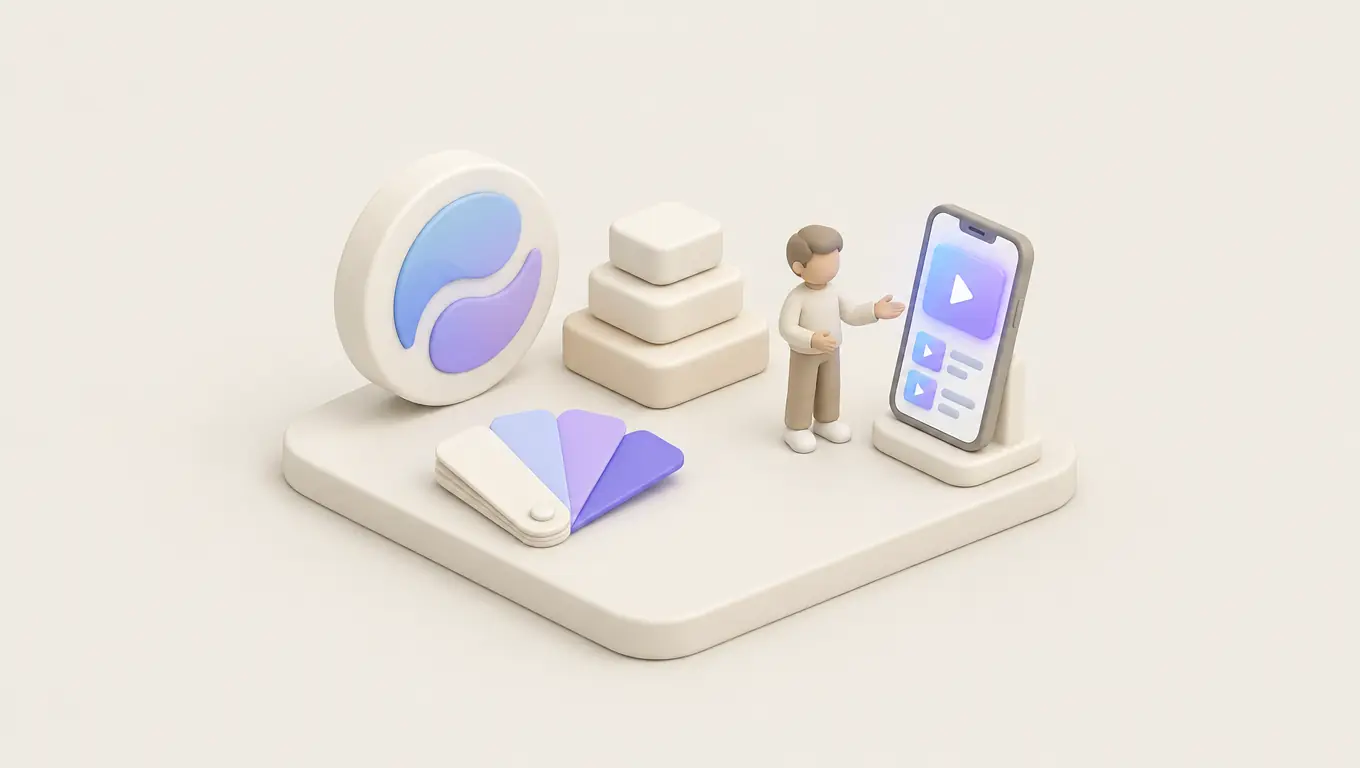 Illustration: a brand identity kit with a logo emblem, colour swatches, type blocks and a presenter beside a phone