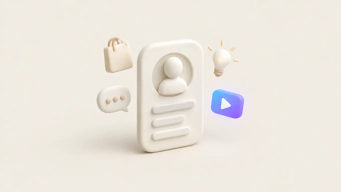 Illustration: a profile card with a faceless bust surrounded by a shopping bag, a speech bubble, a lightbulb and a video tile