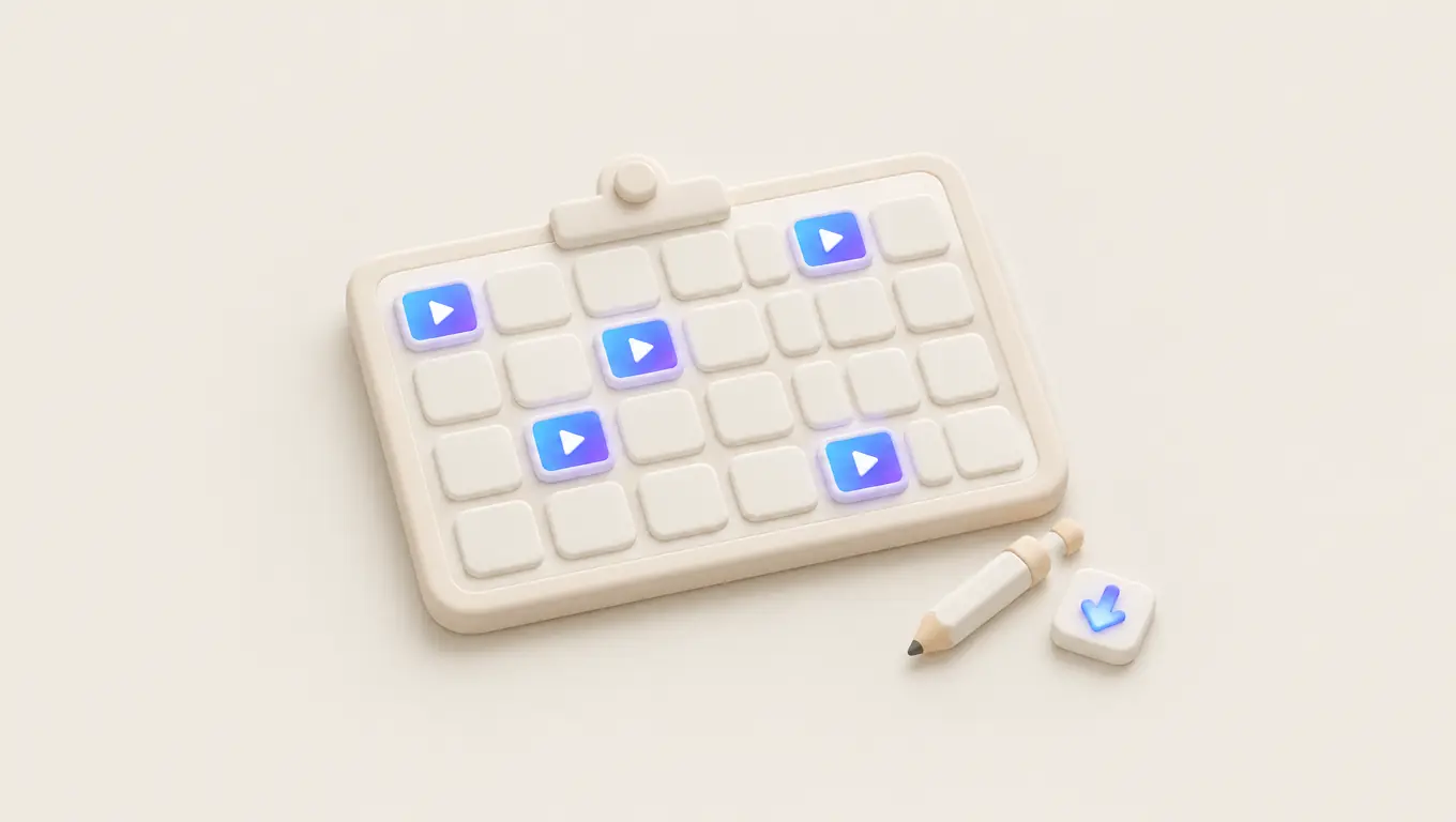 Illustration: a clipboard with a blank weekly grid, a few cells holding short videos, a pencil and a download arrow