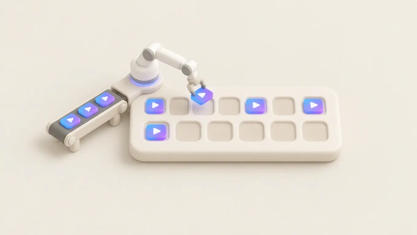 Illustration: a robotic arm placing short videos into the days of a two-week content calendar