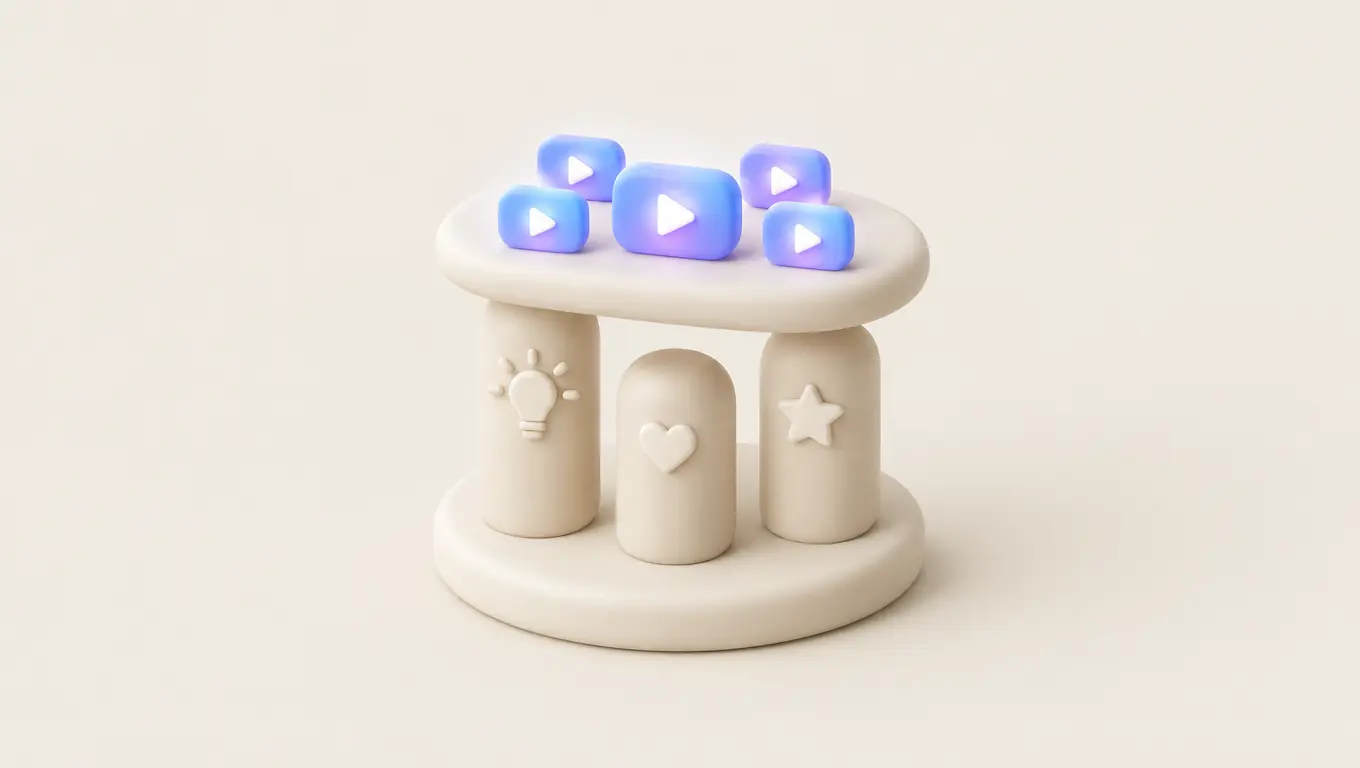 Illustration: three pillars marked with a lightbulb, a heart and a star hold up a platform with short videos on top