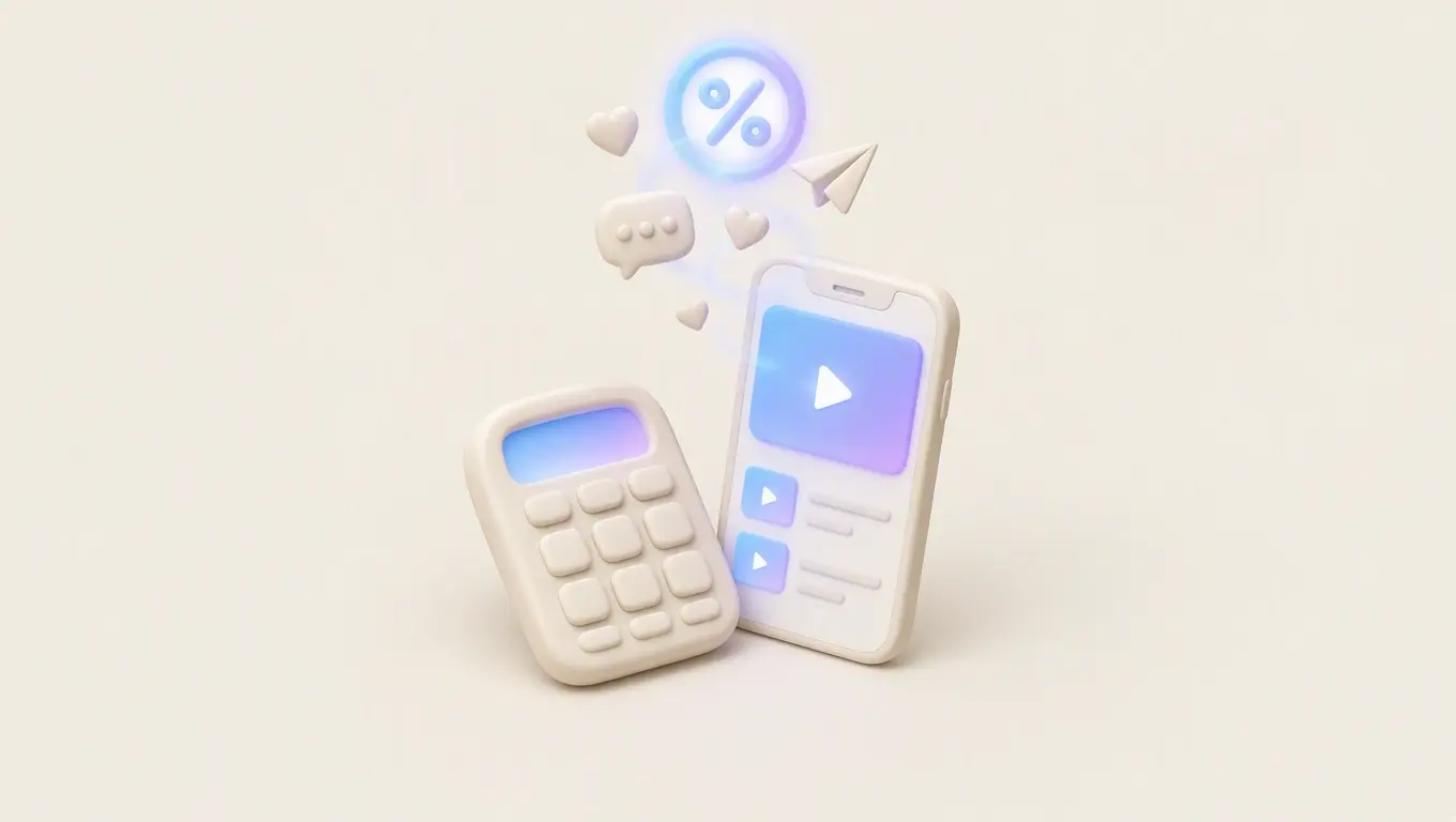 Illustration: a calculator beside a phone playing a video, with hearts, a speech bubble and a paper plane rising into a glowing percent sign