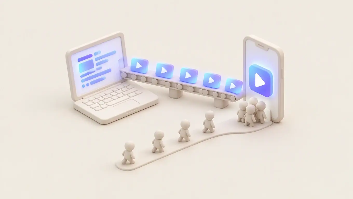 Illustration: short videos travelling on a belt from a laptop to a phone app while small figures walk up as its first users