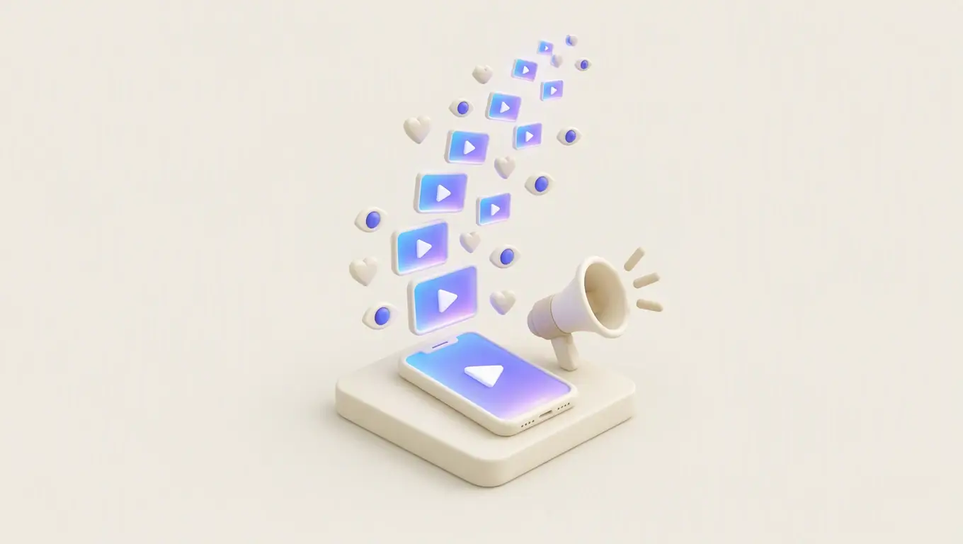 Illustration: short videos rising and multiplying above a phone, with view and heart icons and a megaphone