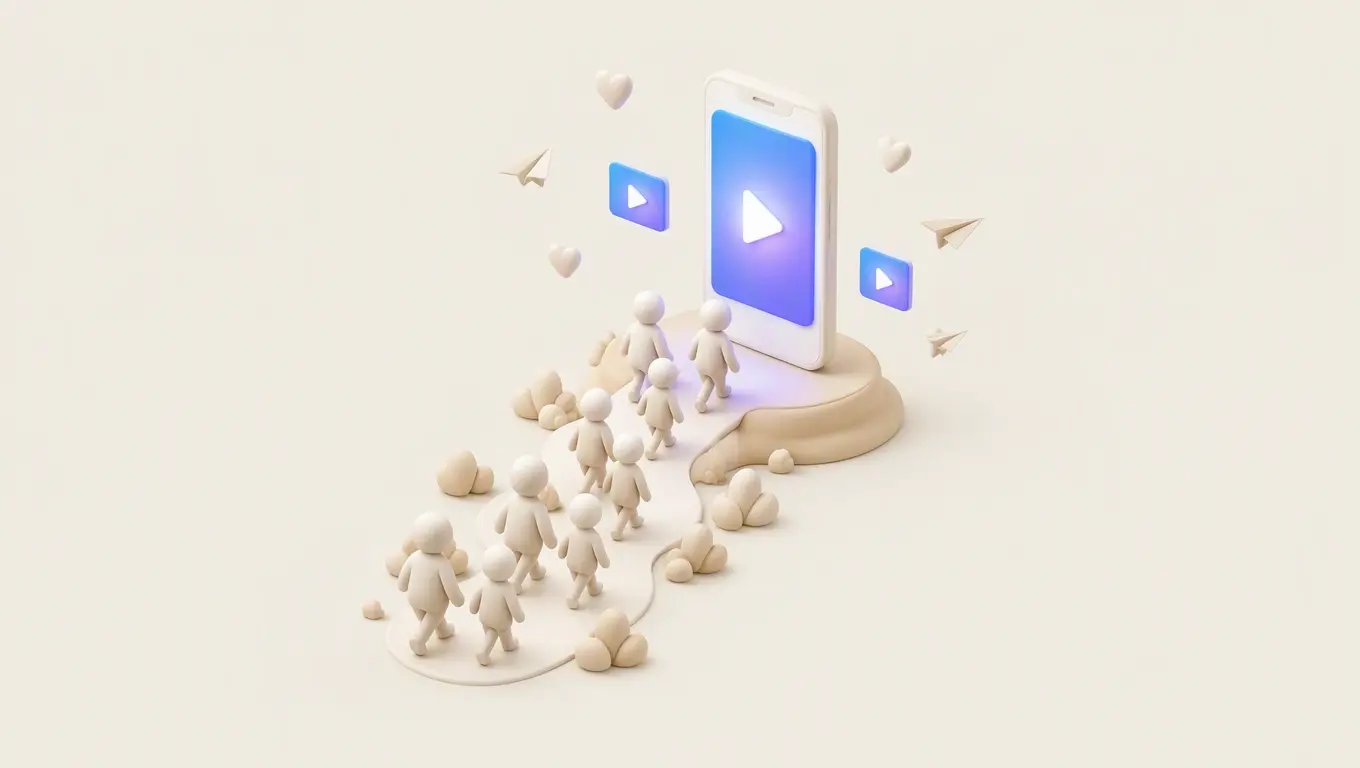 Illustration: small figures walking along a curved path toward a phone playing a reel, with hearts and paper planes above