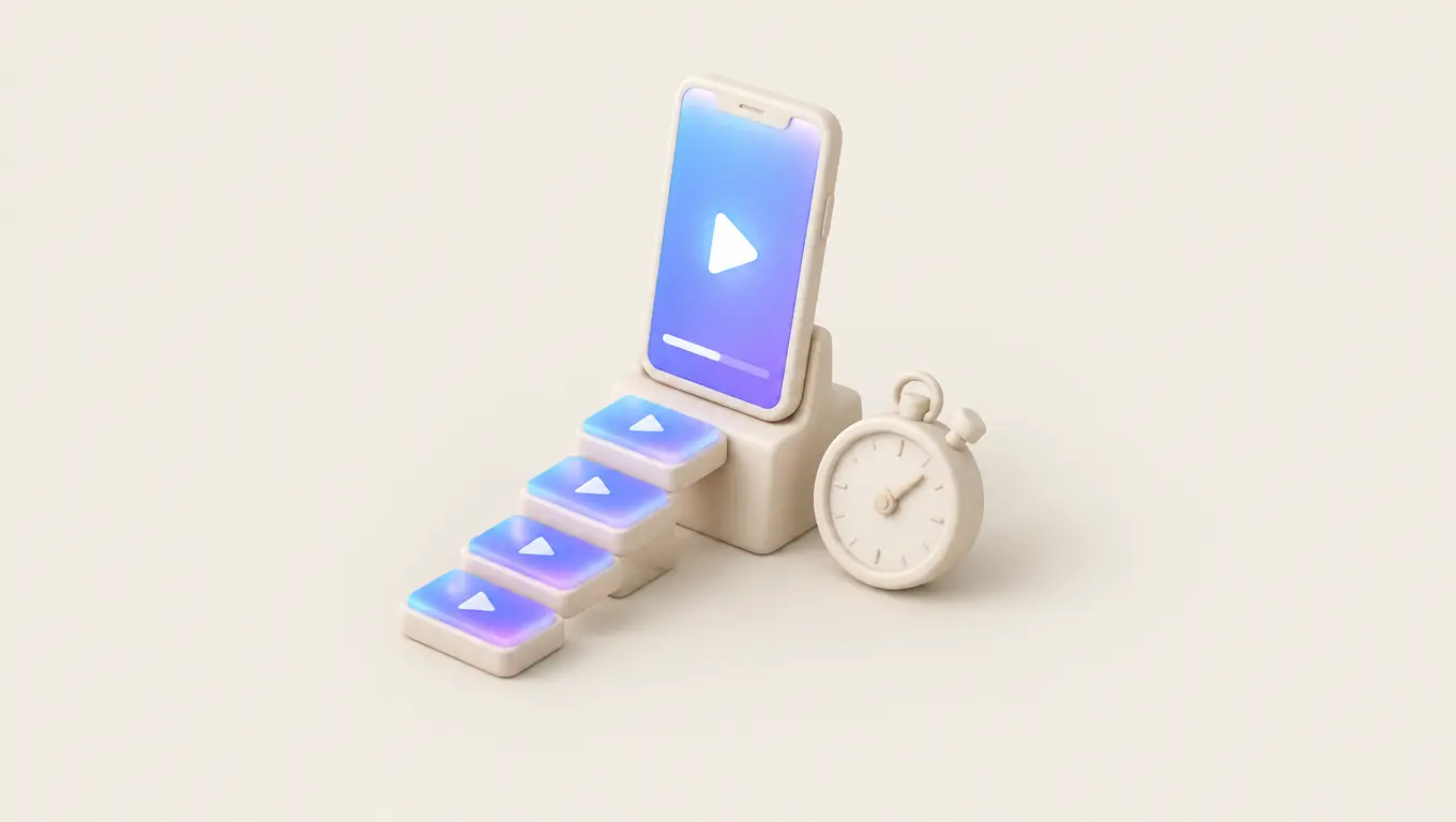 Illustration: a vertical phone playing a short video with a progress bar, a stopwatch and rising steps of glowing video tiles