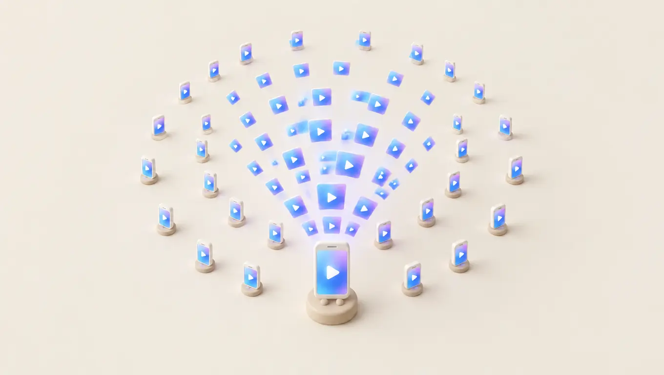 Illustration: one phone on a stand sends copies of its video outward in a widening burst to rings of small phones