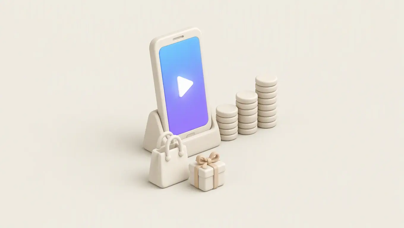 Illustration: a phone playing a vertical video beside three rising stacks of coins, a shopping bag and a gift box