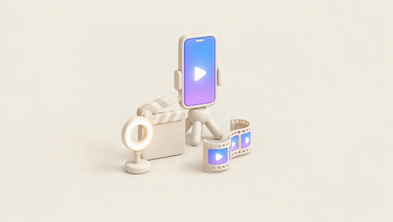 Illustration: a vertical phone on a small tripod playing a video, with a clapperboard, a ring light and a film strip