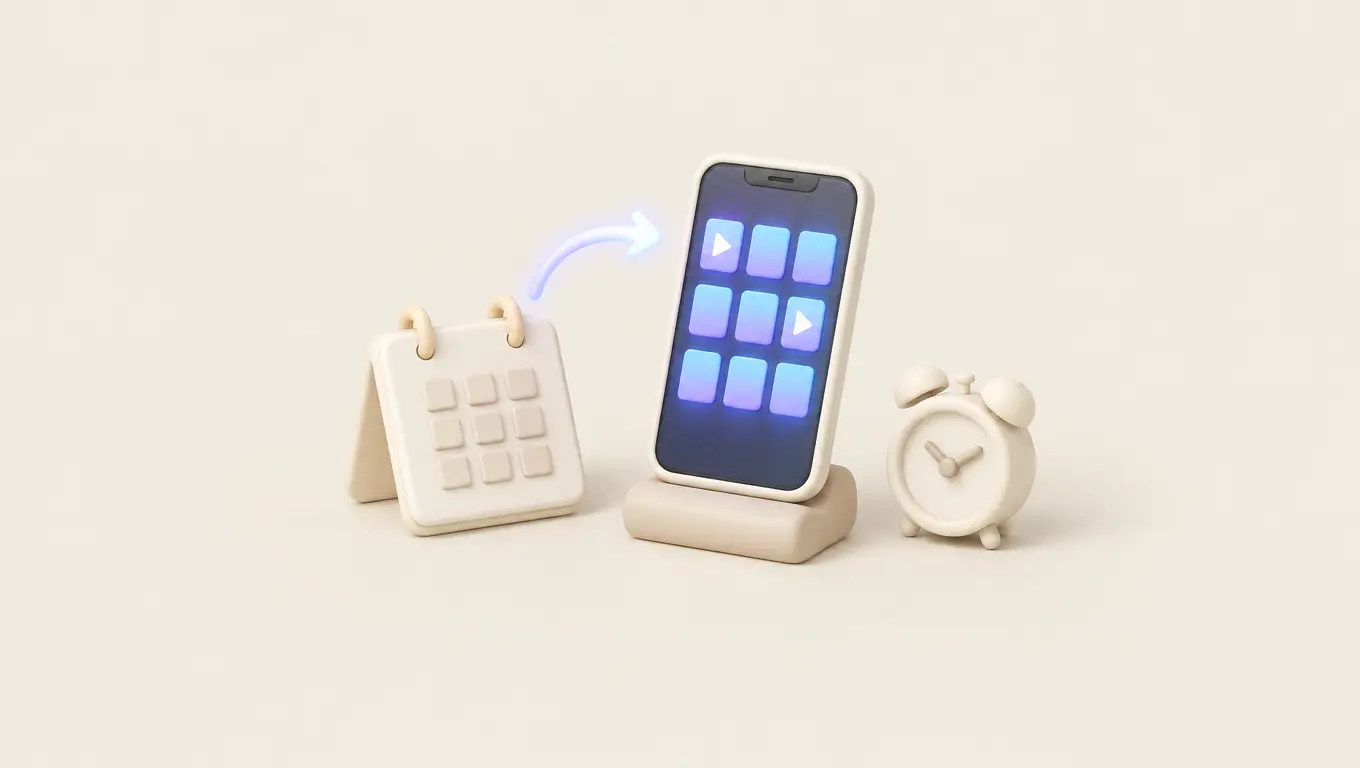 Illustration: a desk calendar with an arrow into a phone showing a grid of posts and reels, an alarm clock beside it