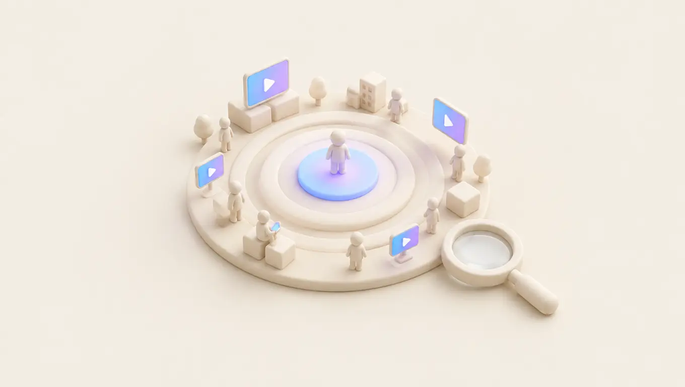 Illustration: a target board with one figure glowing in the centre ring, others and buildings around the outer rings, and a magnifying glass beside it