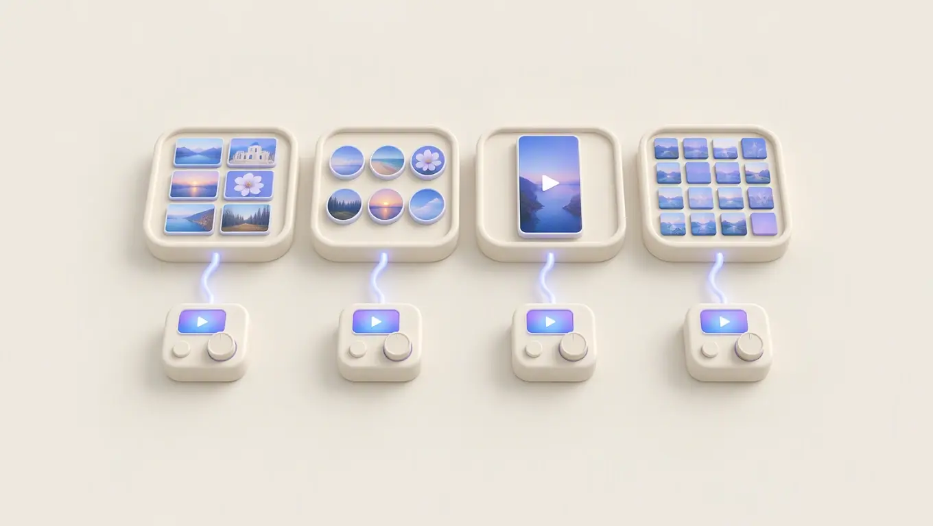 Illustration: four trays for feed photos, stories, a vertical reel and an explore grid, each wired to its own small ranking dial