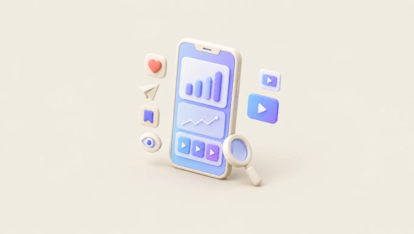 Illustration: a phone showing a dashboard with bar charts and a rising line, with a heart, paper plane, bookmark and eye floating beside it