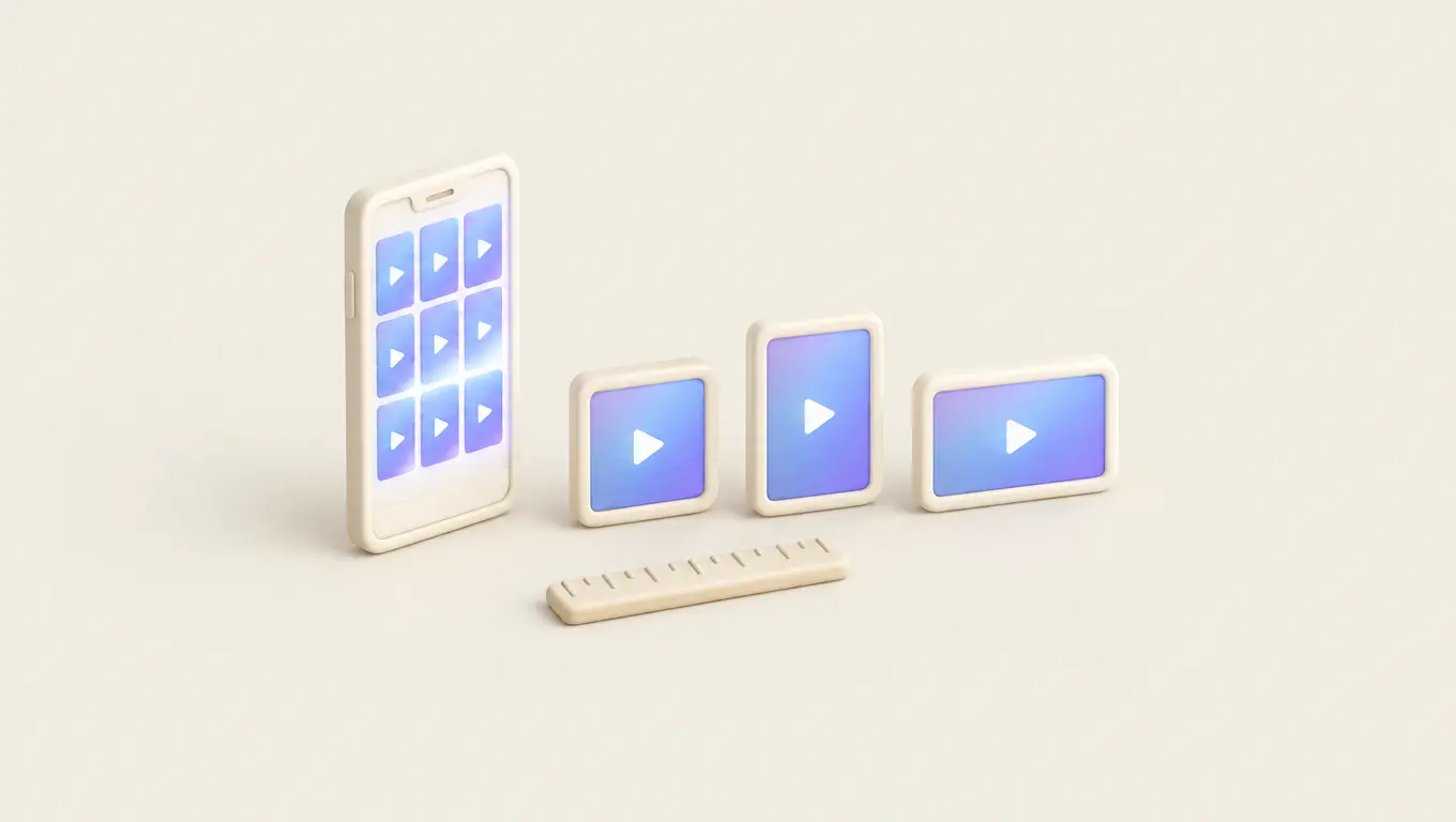 Illustration: a phone showing a grid of tall tiles beside three picture cards in square, portrait and wide shapes, with a ruler in front