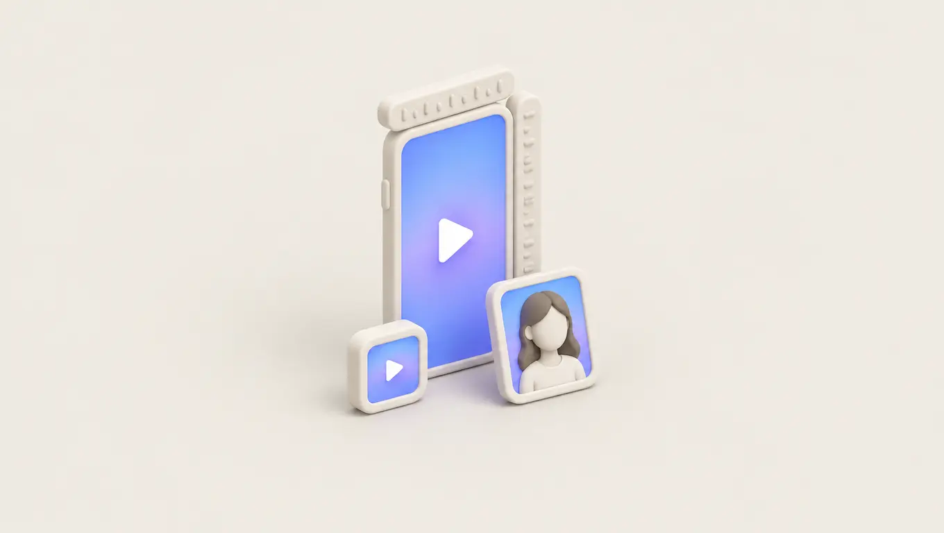 Illustration: a tall phone playing a 9:16 video framed by ruler strips, with a square tile and a portrait tile in front for comparison