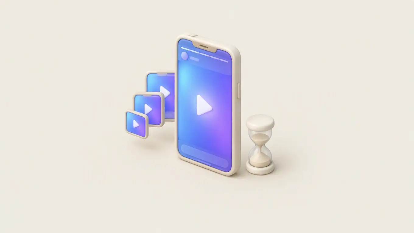 Illustration: a tall phone showing a full-screen story with progress bars across the top, smaller story cards beside it and an hourglass