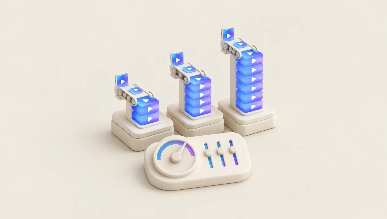Illustration: three stacks of short videos rising like a bar chart, fed by phones, with a dial and sliders in front