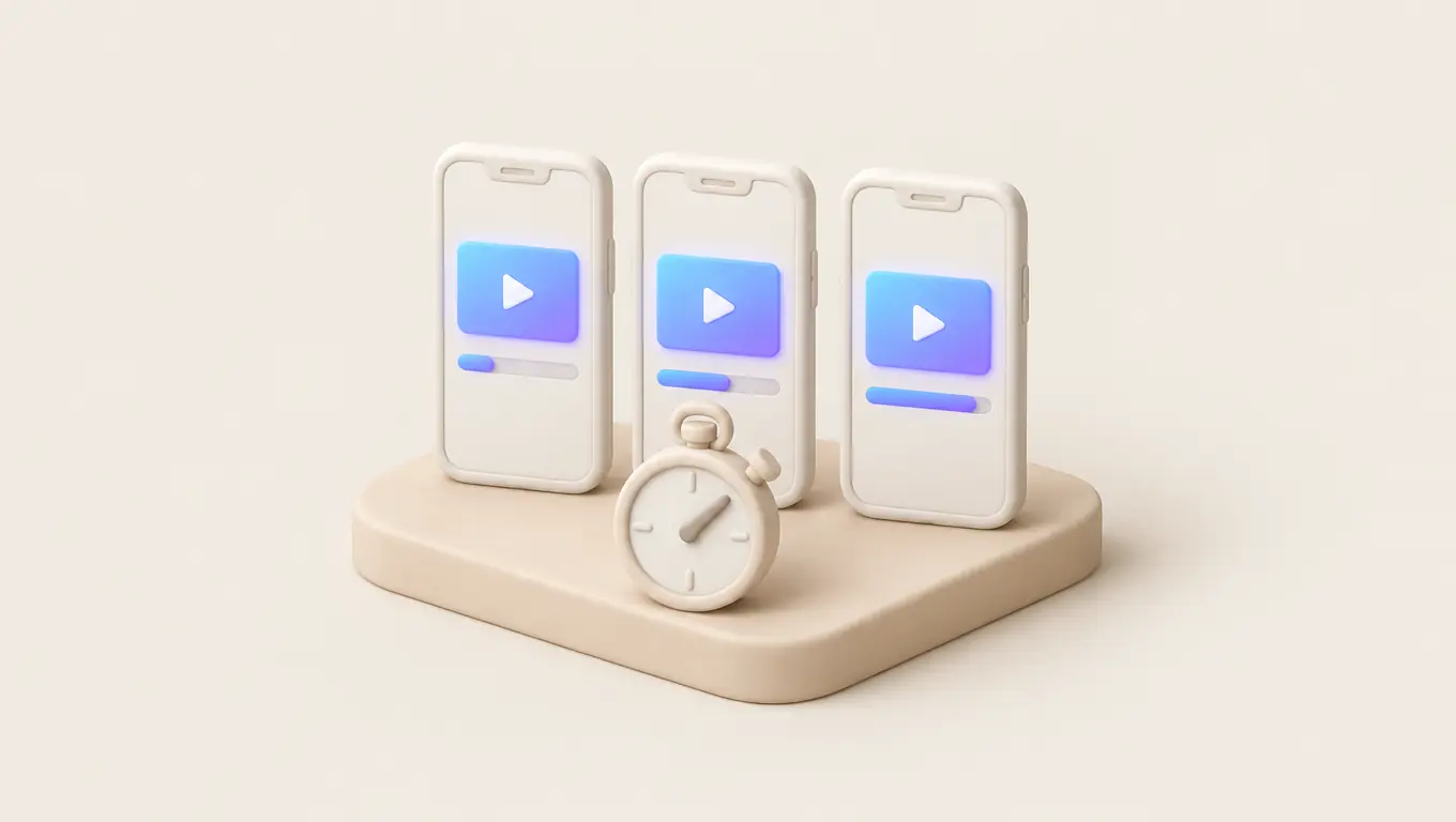 Illustration: three vertical phones side by side, each playing a video with a progress bar of a different length, and a stopwatch in front