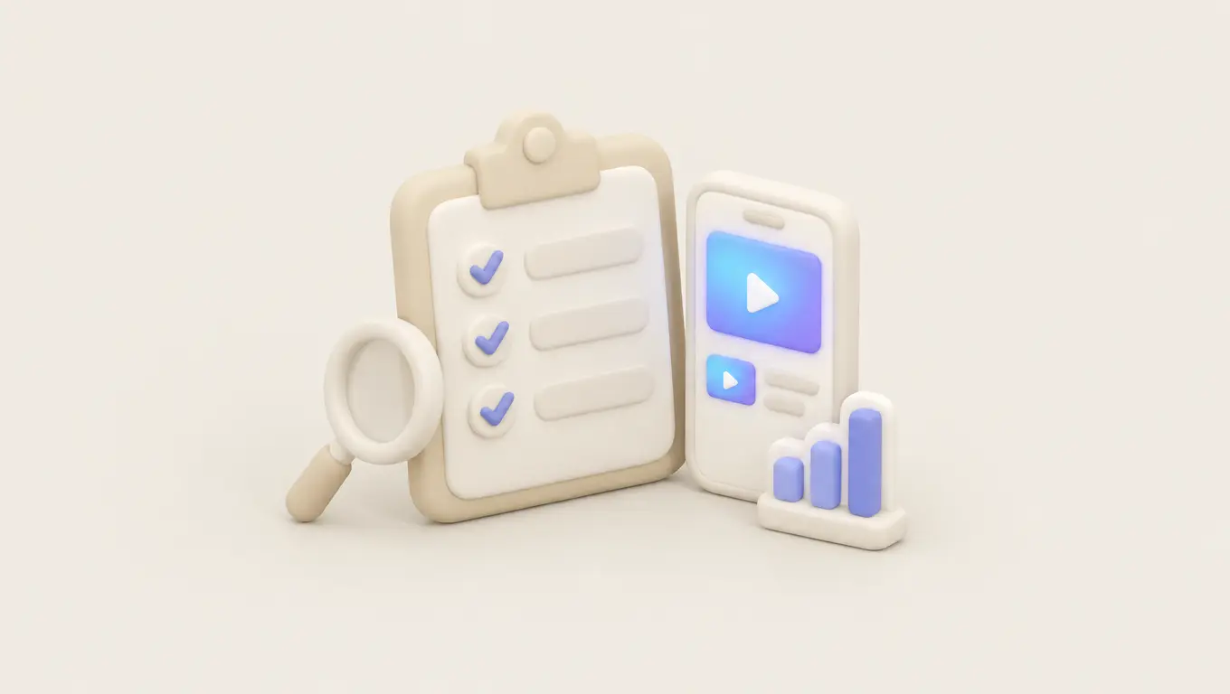 Illustration: a clipboard checklist with three ticks beside a phone playing a video, a small bar chart and a magnifying glass
