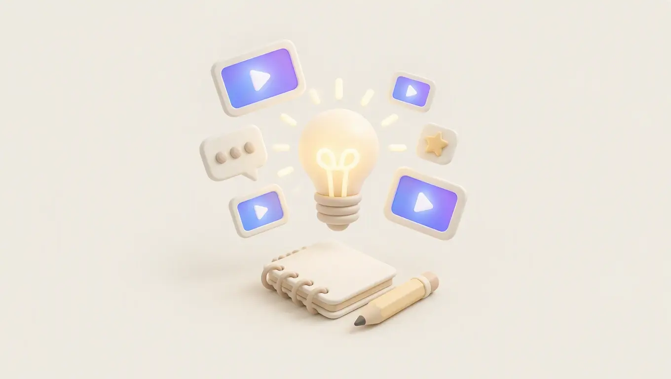 Illustration: a glowing lightbulb surrounded by floating idea cards and video tiles above a notebook and pencil