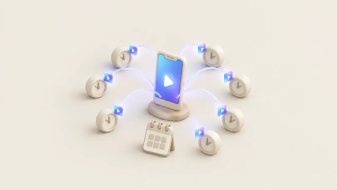 Illustration: a ring of small clocks each sending a video tile along a glowing arc into a phone, a calendar page in front