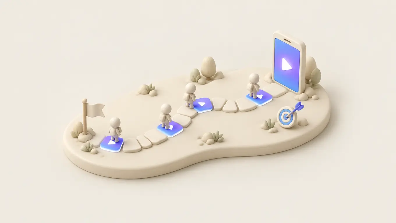 Illustration: a winding path of tiles from a small flag to a phone playing a video, with figures along the way and a target beside the phone