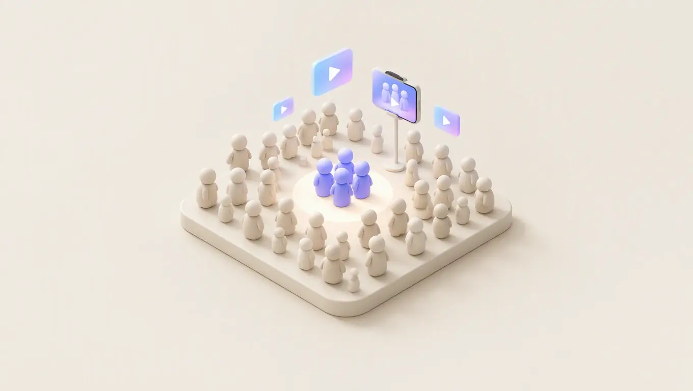 Illustration: a spotlight picking out one small group in a crowd of figures, with a phone aimed at that group