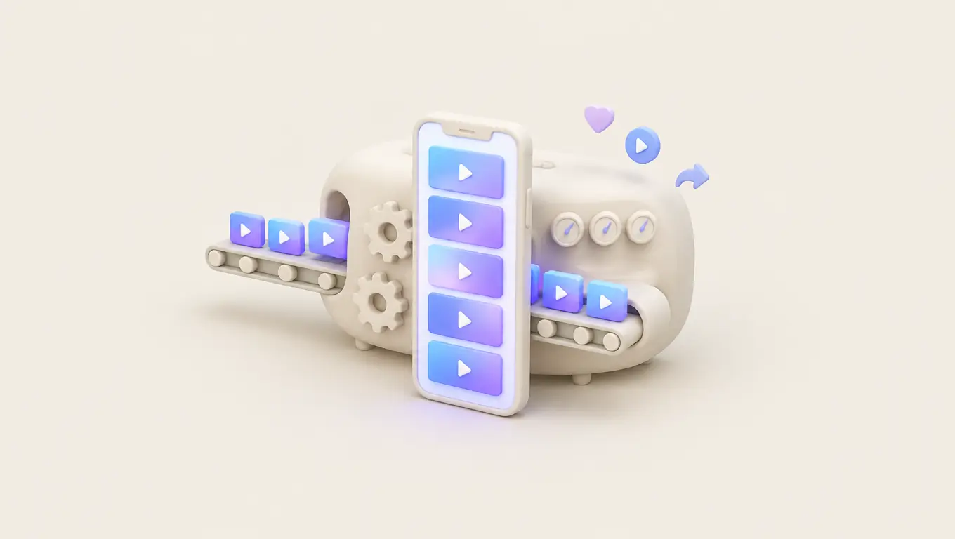 Illustration: video tiles ride a conveyor into a rounded machine with gears and dials and come out sorted into a phone feed