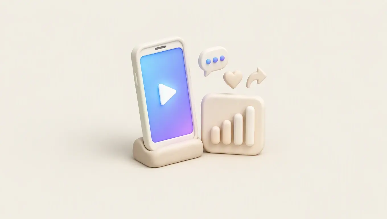 Illustration: a phone on a stand playing a vertical video beside a card with rising bars, with a heart, speech bubble and share arrow above
