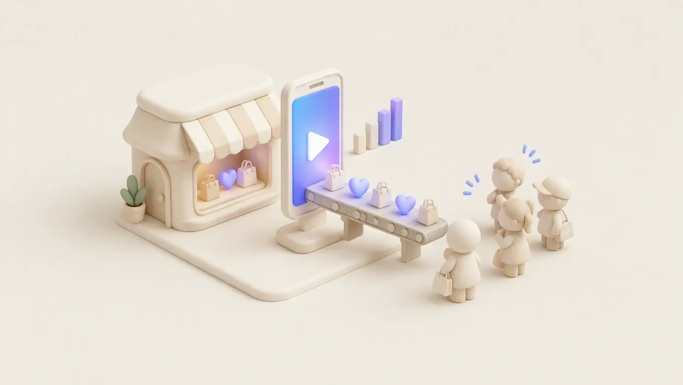 Illustration: a small shopfront beside a phone playing a vertical video, with a conveyor carrying shopping bags and hearts to a few customers