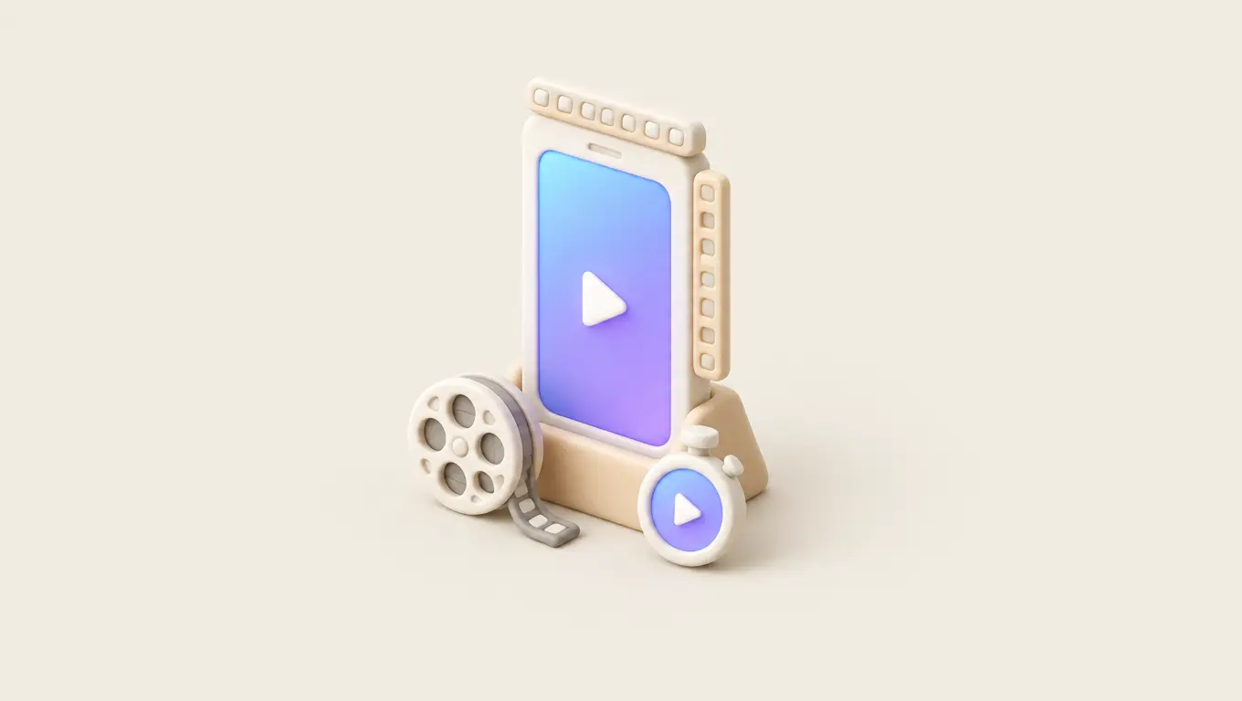 Illustration: a tall phone on a stand playing a vertical video, framed by ruler strips, with a film reel and stopwatch in front