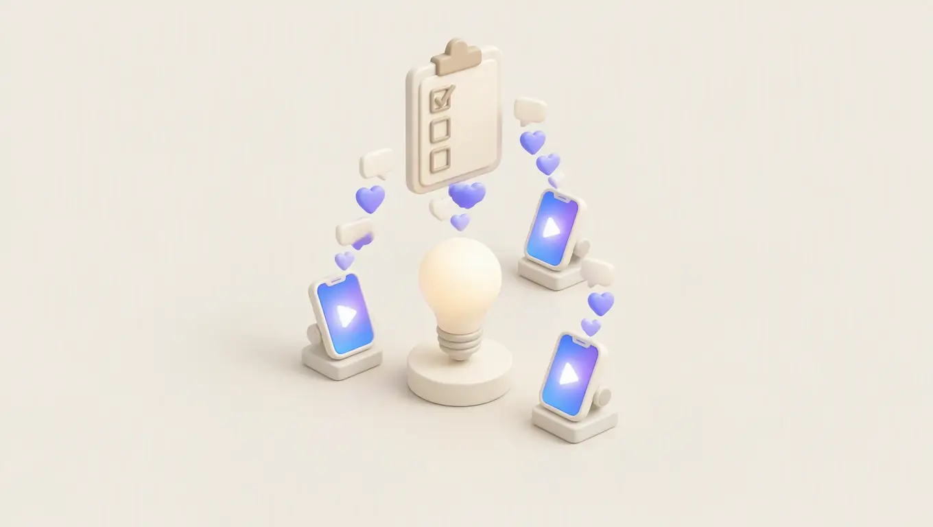 Illustration: a lightbulb idea surrounded by phones posting short videos, with comments and hearts flowing to a waitlist checklist