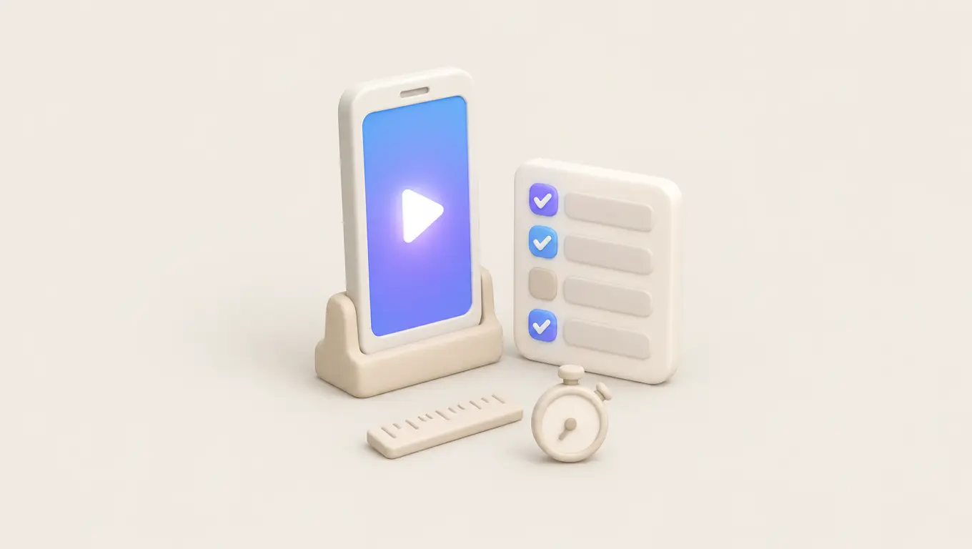 Illustration: a phone on a stand playing a vertical video beside a checklist with ticks, a ruler and a stopwatch in front