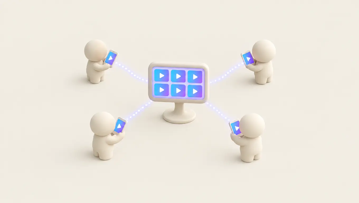 Illustration: several phones held by small figures each showing a short video, feeding into one larger brand screen