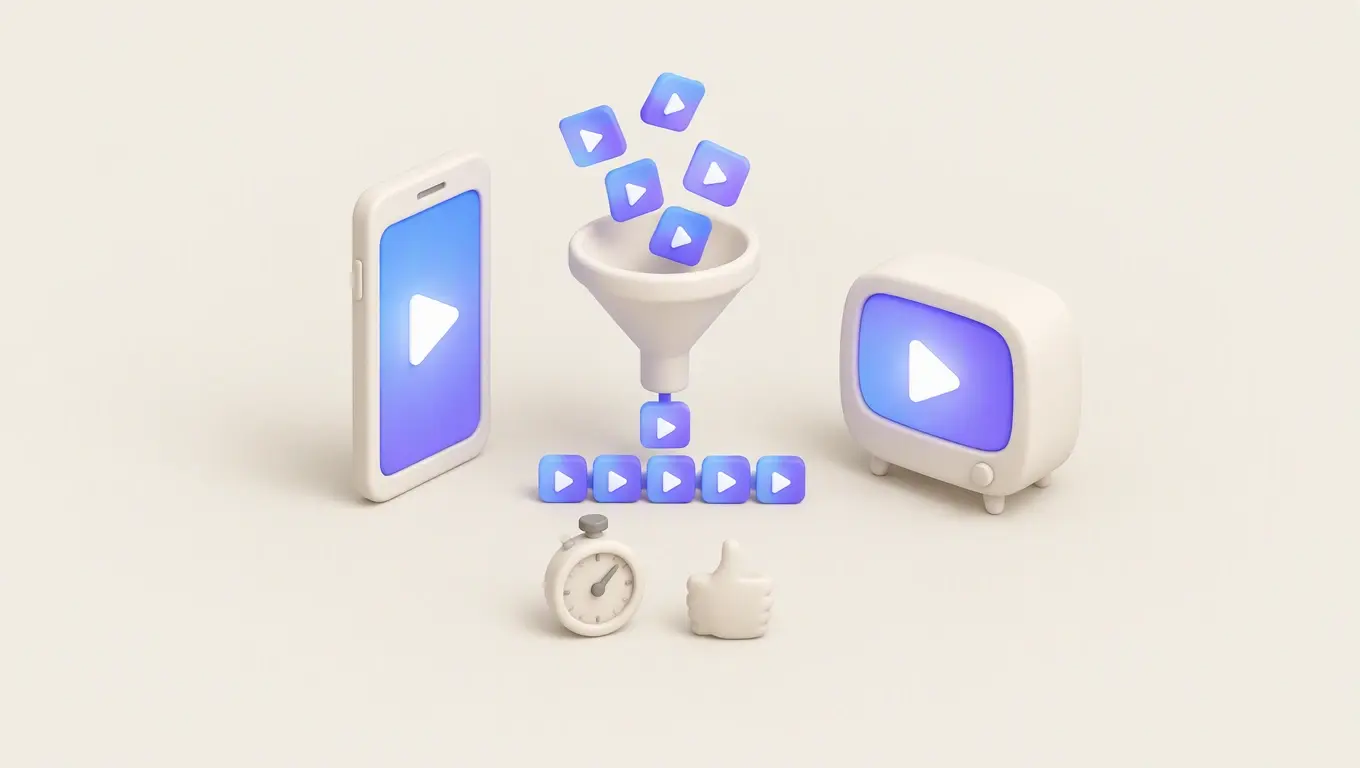 Illustration: a funnel sorting short video tiles into a row between a phone and a TV, with a stopwatch and a thumbs up in front
