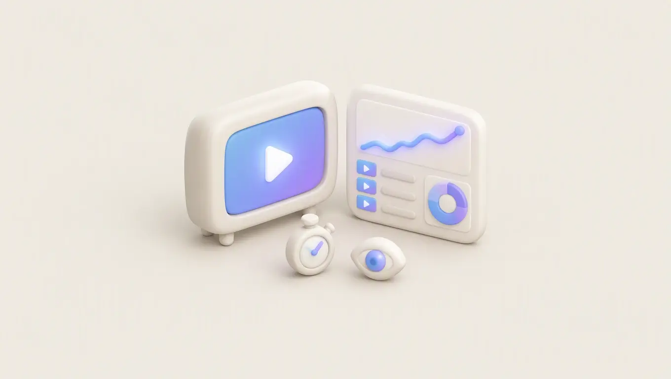 Illustration: a small TV playing a video beside a dashboard card with a rising line chart and a donut chart, a stopwatch and an eye in front