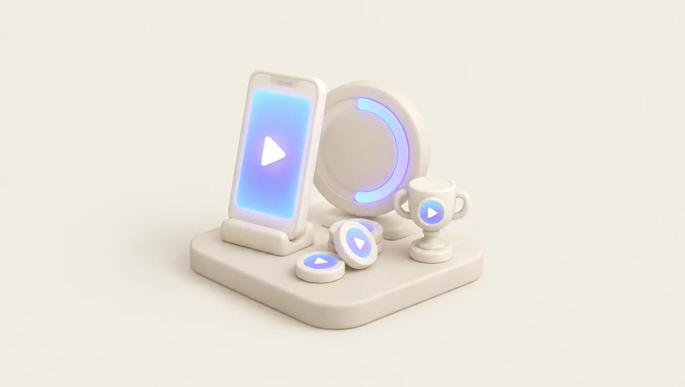 Illustration: a vertical phone playing a video beside a nearly full progress dial, a few coins and a small trophy