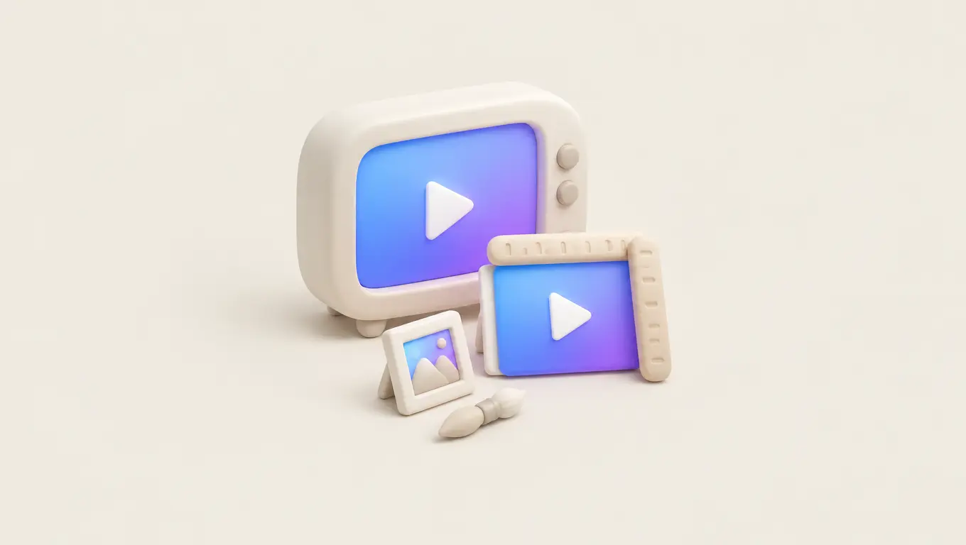 Illustration: a small TV showing a 16:9 video tile with a matching thumbnail card framed by ruler strips, a picture frame and paintbrush beside it